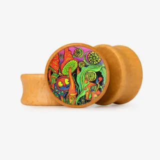 Plug Vale dos Cogumelos com estampa psicodélica e fundo colorido