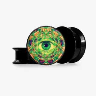 Plug com estampa de olho estilizado em fundo psicodélico